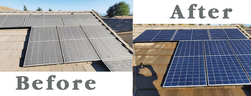 Solar panels dusty and grey before cleaning, clean and blue after